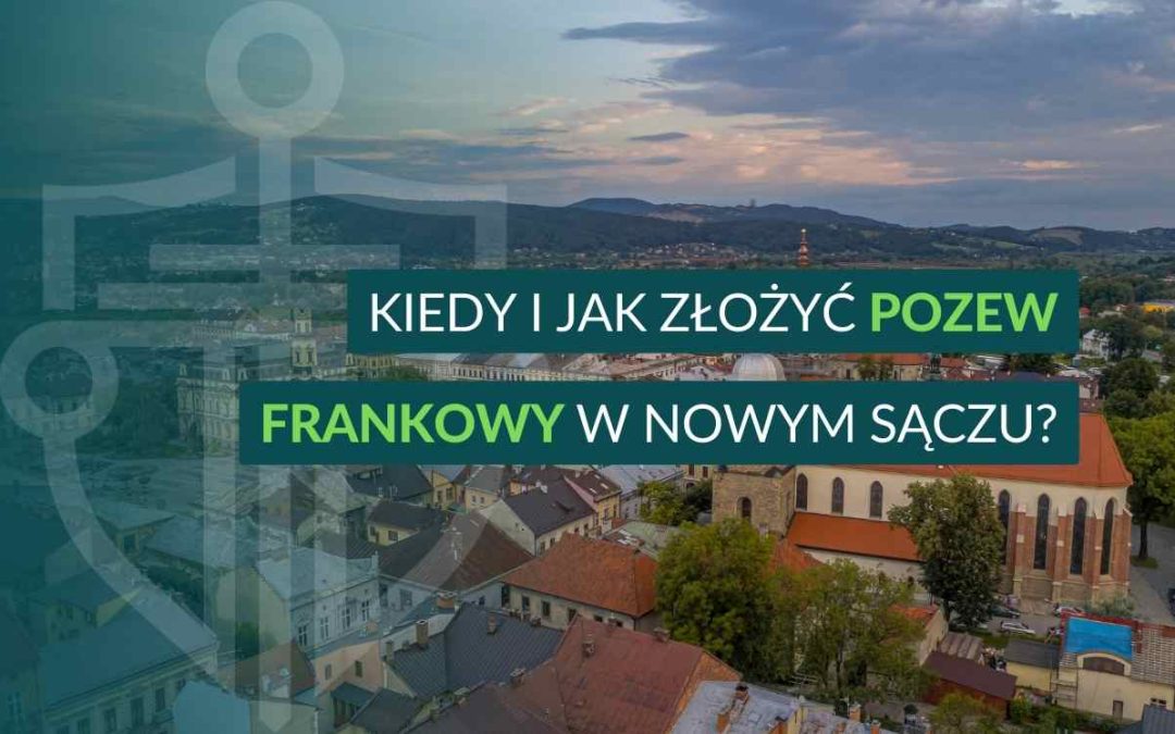 Baner informacyjny z napisem: Kiedy i jak złożyć pozew frankowy w Nowym Sączu?