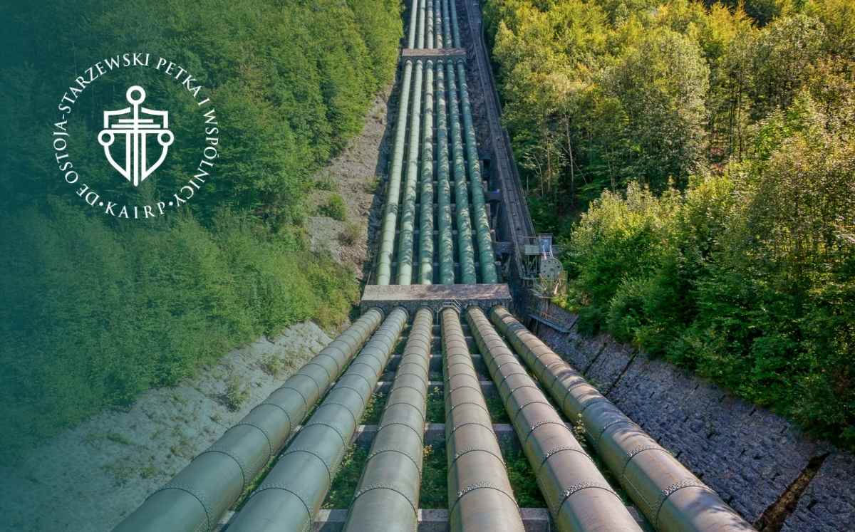 Rozległa instalacja przesyłowa z wieloma rurami biegnącymi przez teren leśny – infrastruktura mogąca wpływać na przeznaczenie i wartość działki.