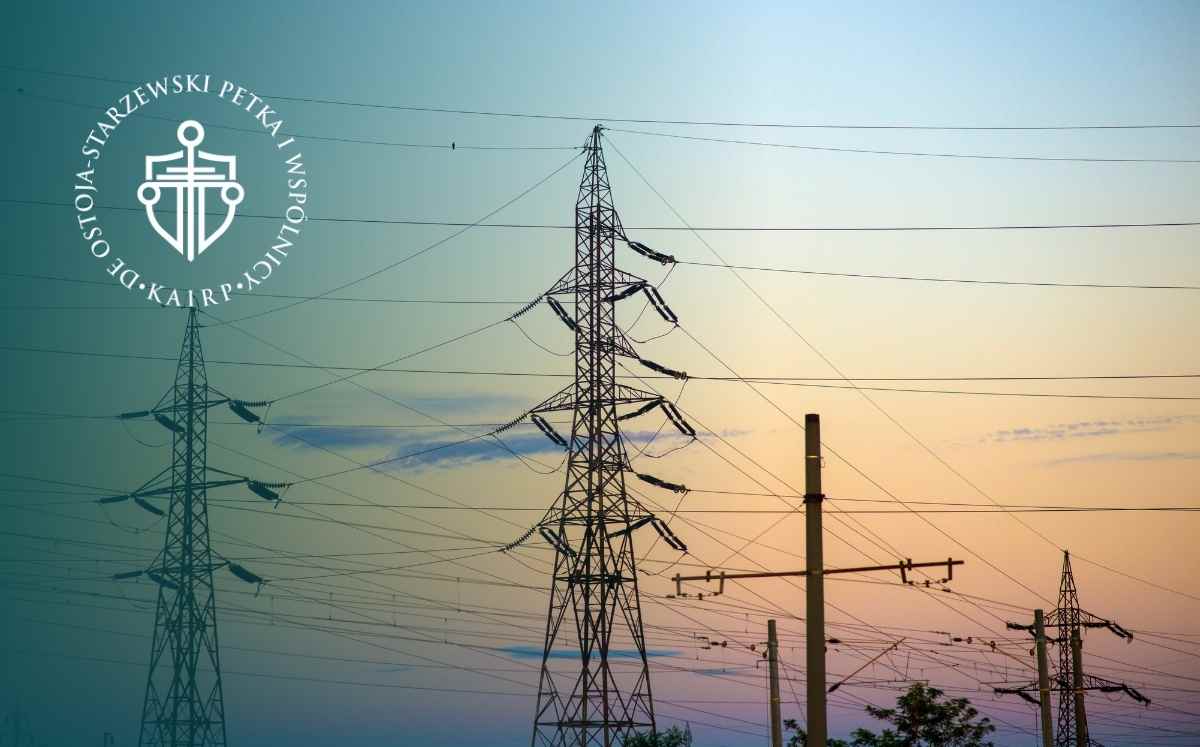 Słupy energetyczne wysokiego napięcia i linie przesyłowe na tle nieba – infrastruktura energetyczna na działce prywatnej.