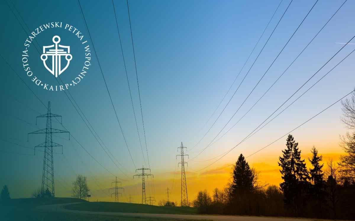 Linie wysokiego napięcia i słupy energetyczne biegnące przez krajobraz o zachodzie słońca.