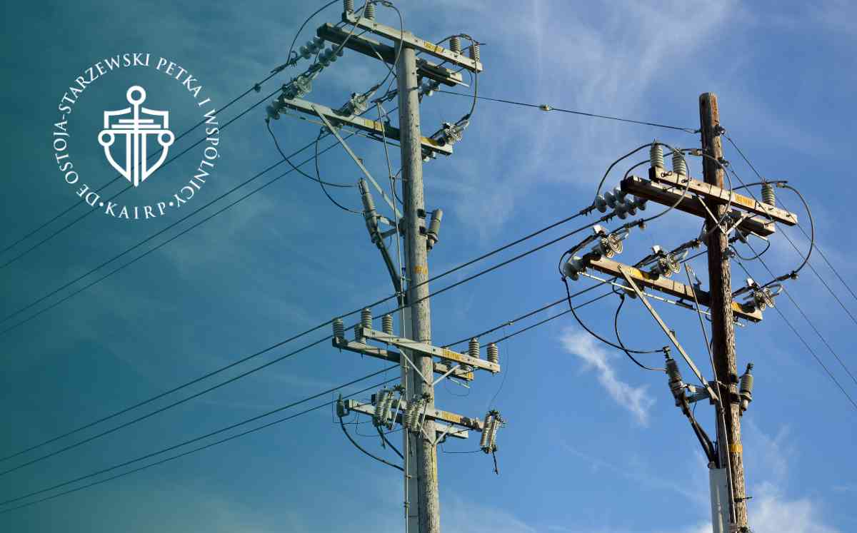 Dwa słupy energetyczne – jeden betonowy, drugi drewniany – z gęstą siecią przewodów i izolatorów na tle błękitnego nieba.