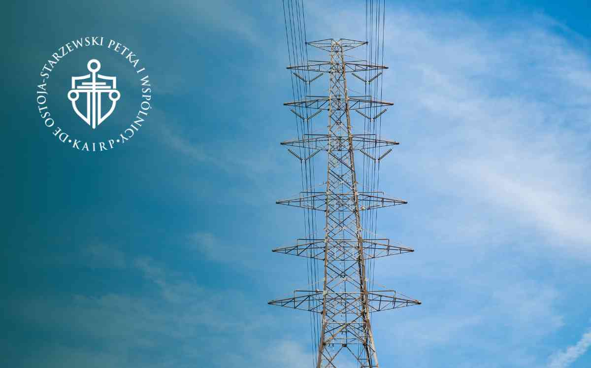 Wysoka, stalowa konstrukcja słupa energetycznego z licznymi izolatorami i przewodami na tle błękitnego nieba.