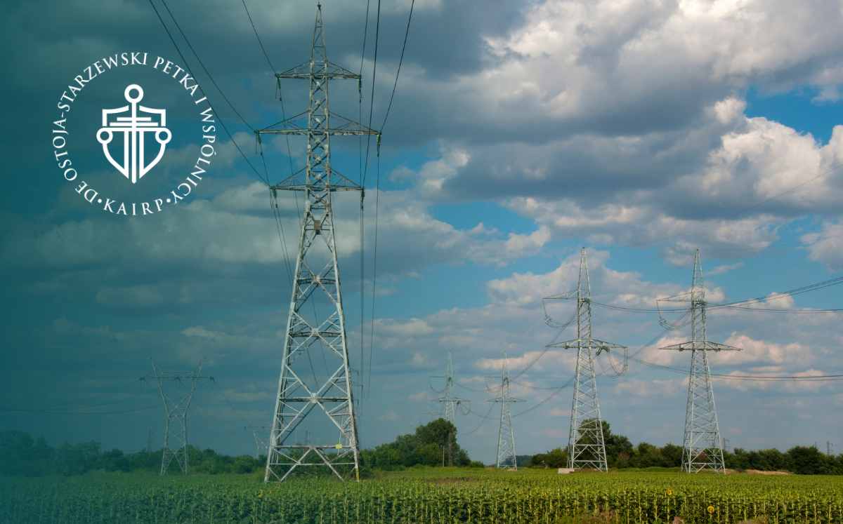 Linie energetyczne przebiegające przez pole uprawne jako przykład infrastruktury przesyłowej na nieruchomości