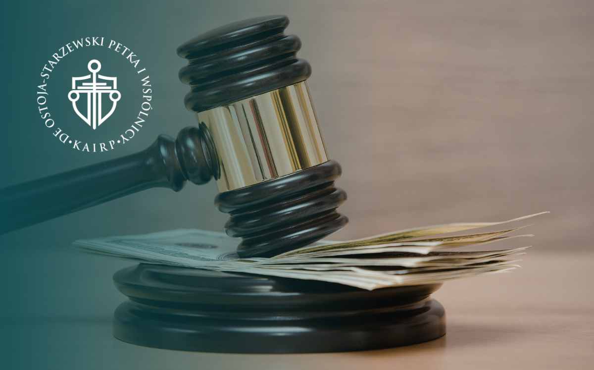 Gavel resting on a stack of money and papers, with a circular law firm logo on the left.