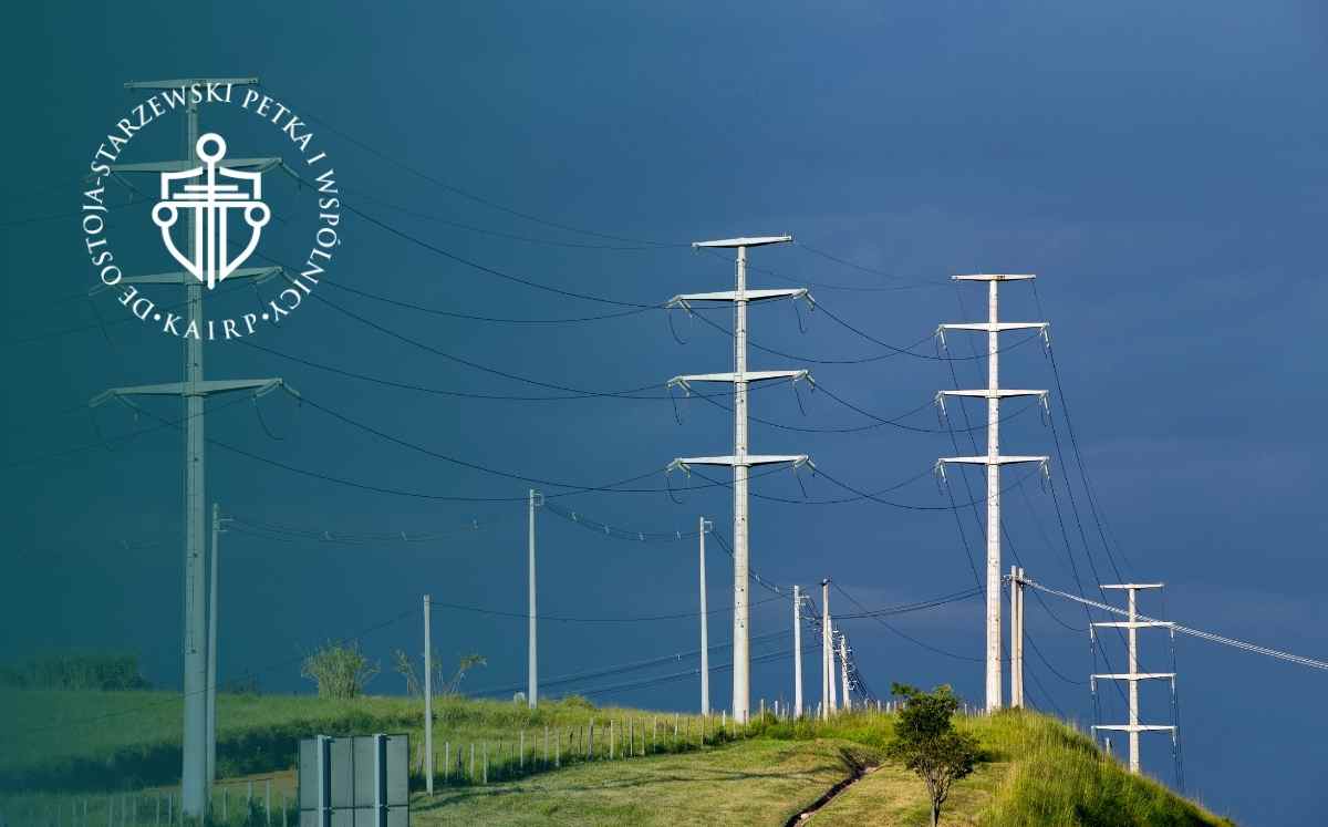 Linie energetyczne przebiegające przez prywatną działkę na tle ciemnego nieba, ilustrujące temat służebności przesyłu po wyroku TK.