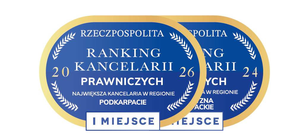 Two overlapping blue award badges with gold rims showing 'I MIEJSCE' for a regional ranking of legal firms in Podkarpacie, Poland.