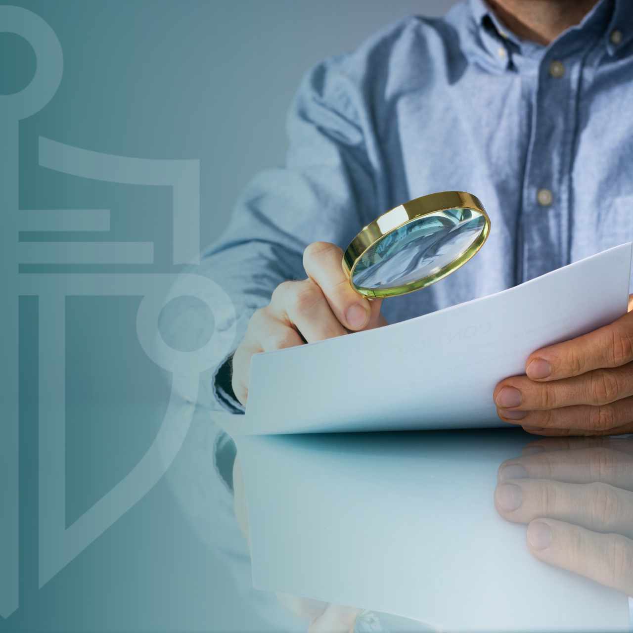Person in a blue shirt holds a document and uses a magnifying glass to examine it.