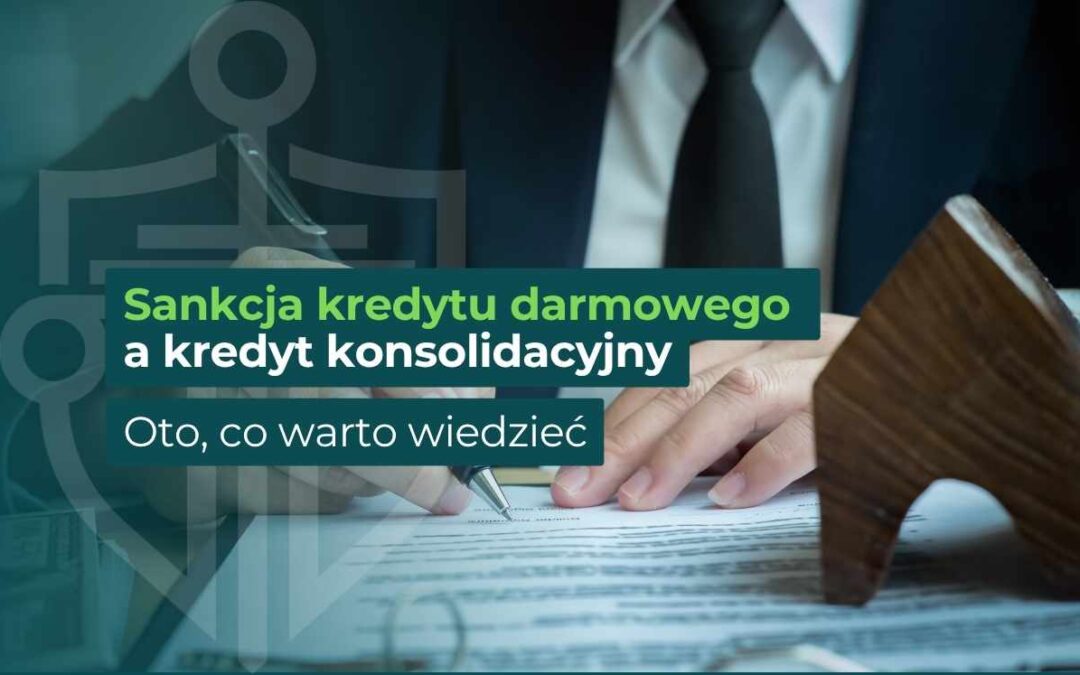 Polish financial banner about free credit vs consolidation loan; hands sign a document with a gavel in the foreground.