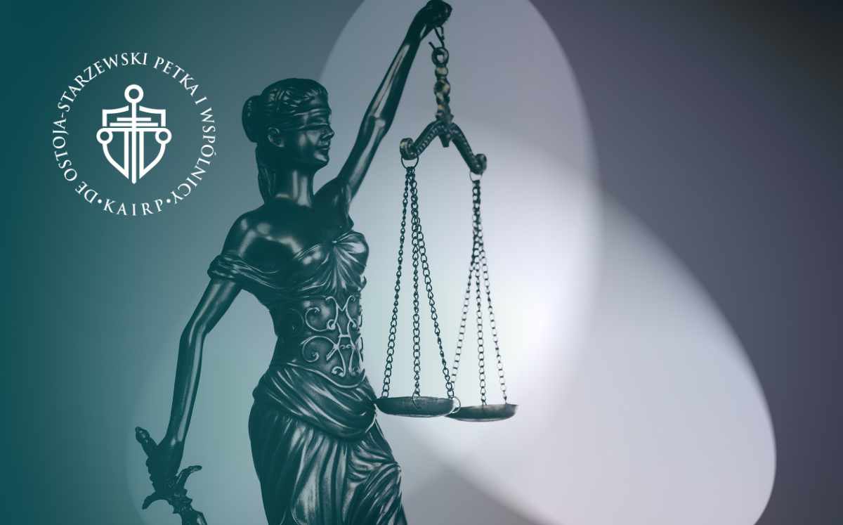 Lady Justice holding scales, with a circular law firm logo in the upper-left on a teal gradient.