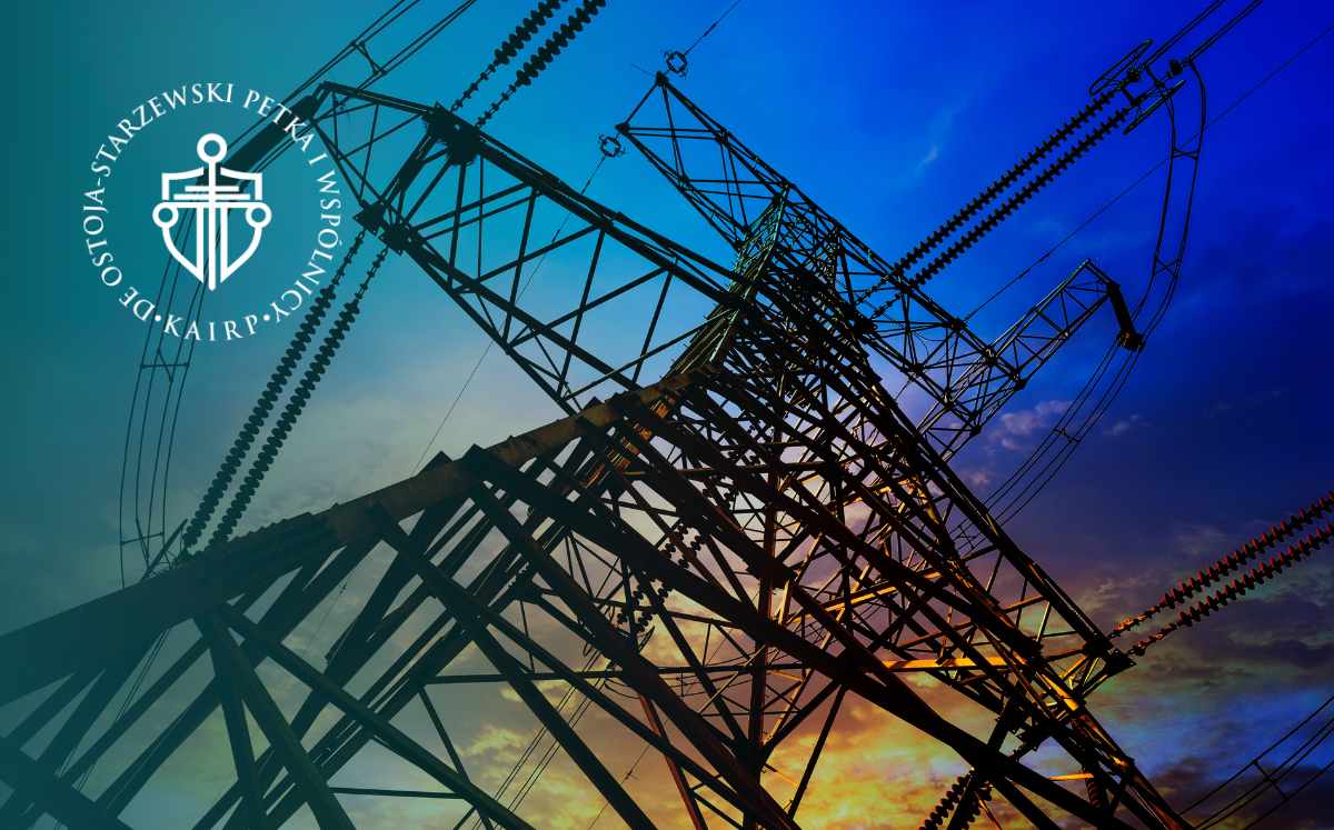 Słup energetyczny widziany od dołu, nawiązujący do obecności infrastruktury przesyłowej na prywatnej działce.