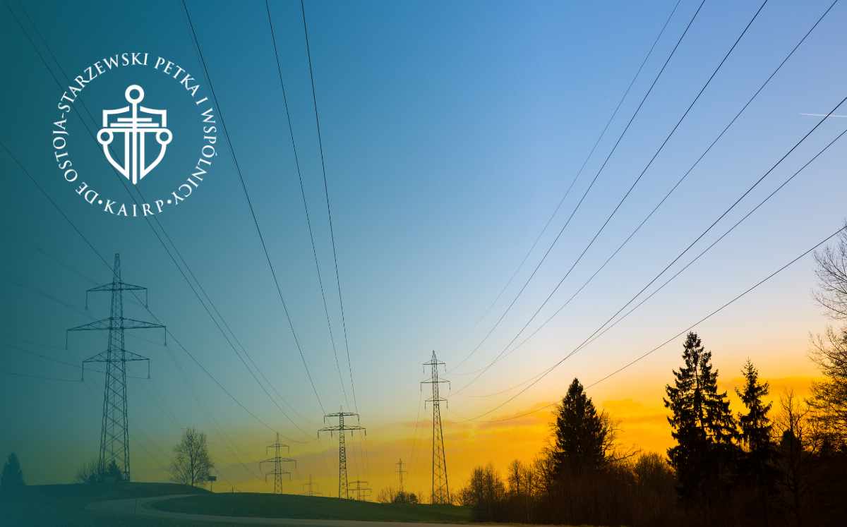 Sunset landscape with electricity pylons and power lines across a blue-to-orange sky; a round white logo with an anchor appears in the upper-left corner.