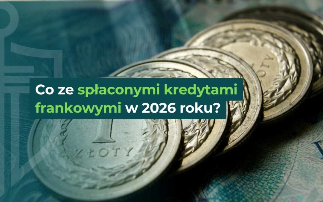 Grafika z napisem „Co ze spłaconymi kredytami frankowymi w 2026 roku?” na tle monet i banknotów.