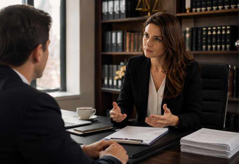 Woman in a black blazer explains something to a man across a desk in a law office, with folders and papers on the desk and legal books in the background.