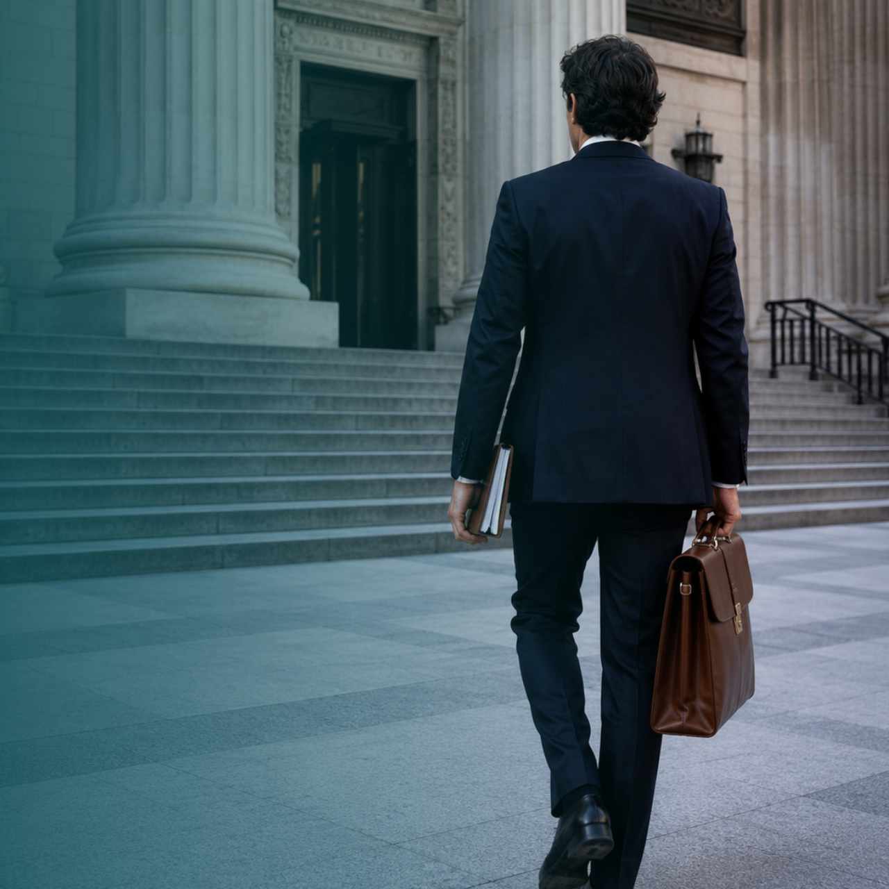 Back view of a man in a dark suit walking up stone steps toward a grand, columned building, carrying a brown leather briefcase and a folder/notebook.
