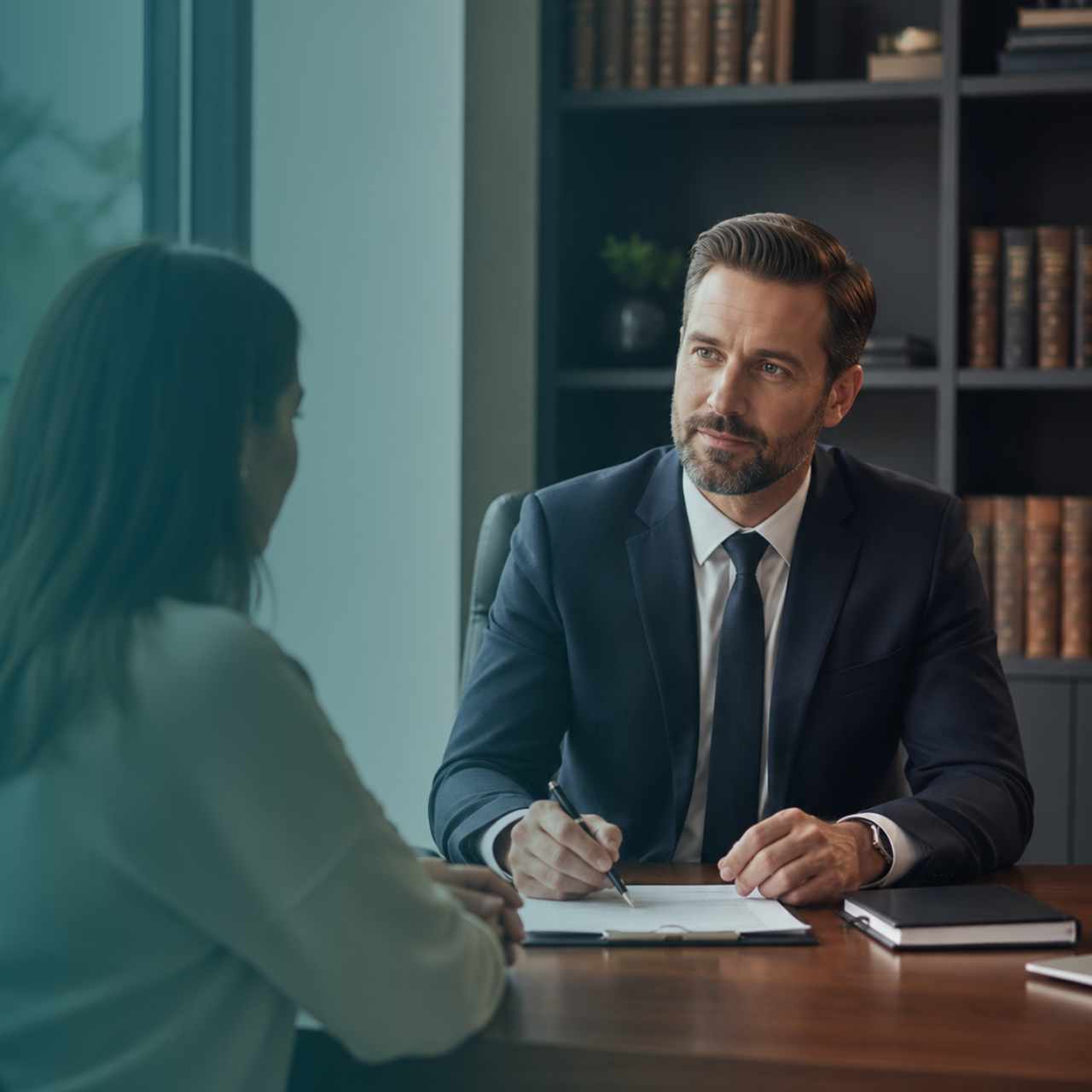 Man in a dark suit signs a document at a wooden desk during a meeting with a woman observing in an office setting with bookshelves in the background.