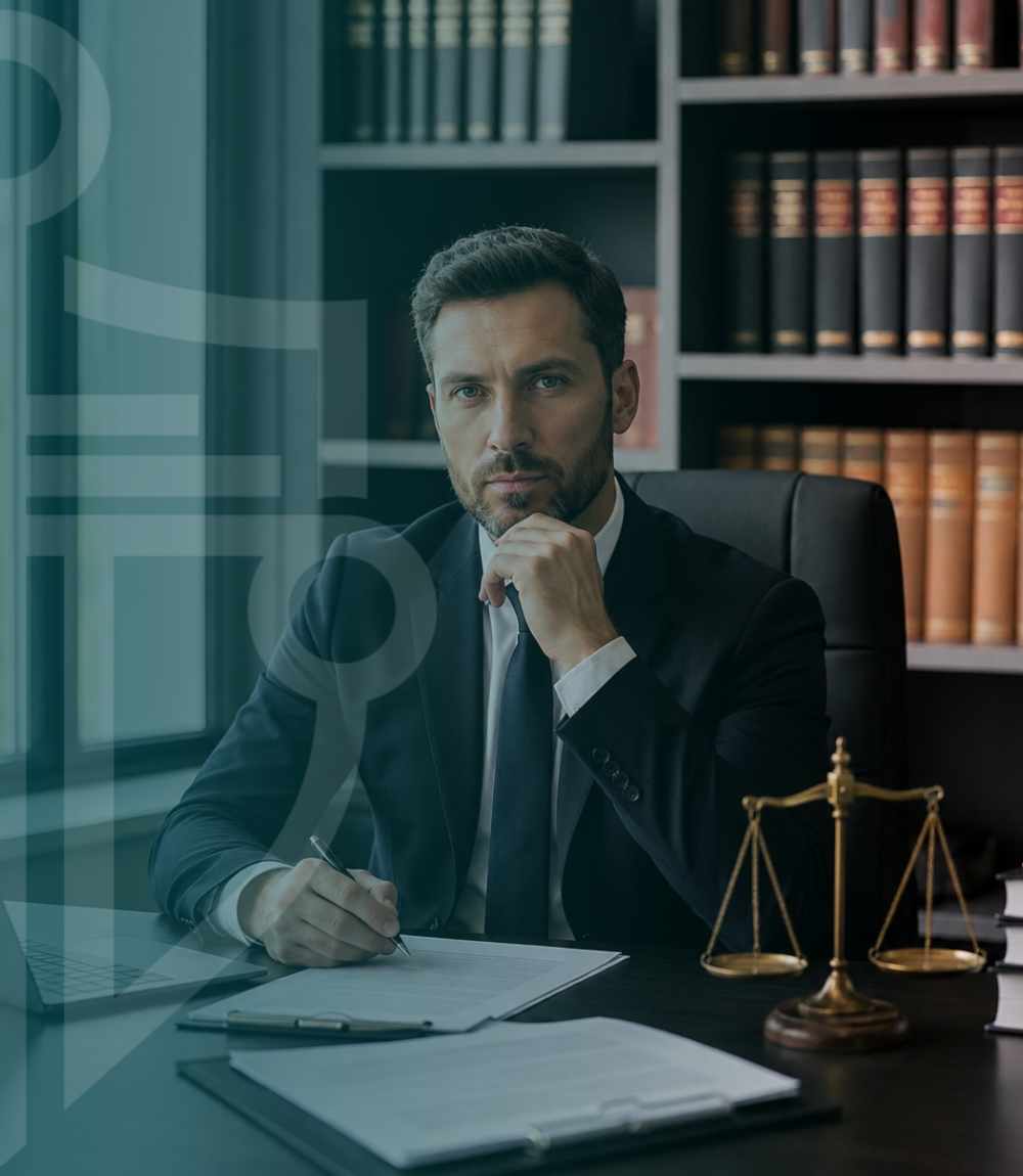 Lawyer in a dark suit sits at a desk in a law library, reviewing documents with a thoughtful pose and scales of justice nearby.