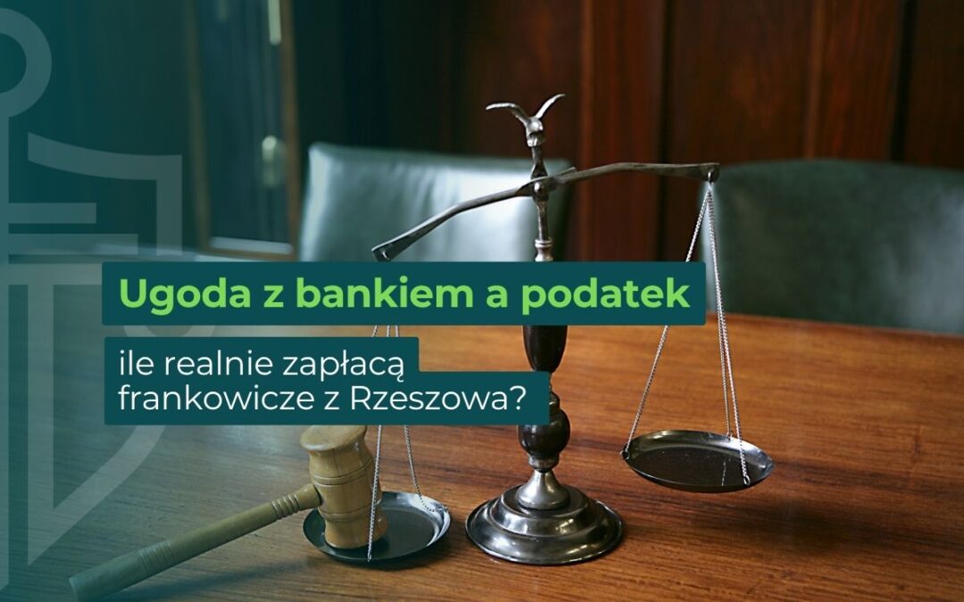 Banner text about a legal settlement with banks: 'Ugoda z bankiem a podatek' with 'ile realnie zapłacą frankowicze z Rzeszowa?' showing scales of justice and a gavel on a wooden table.